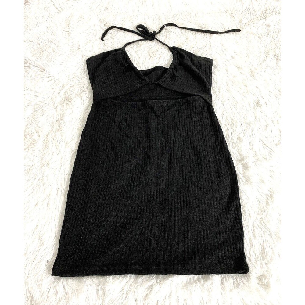 Wdirara Women's Bodycon Mini Dress Ribbed Knit Size M Black Strapless Cut Out